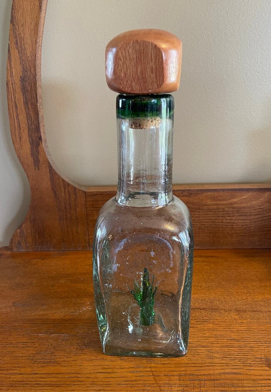 Casta Green Hand Blown Tequilla Bottle w/ Glass Agave Inside & Wood / Cork Top